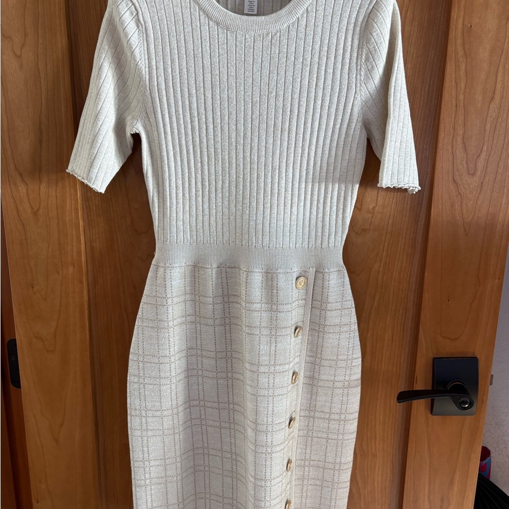 Elegant Winter White Metallic Knit Dress